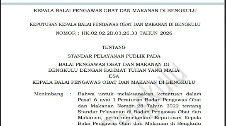 Standar Pelayanan Publik BPOM Bengkulu