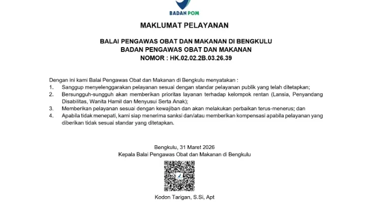 Standar Pelayanan Publik BPOM Bengkulu
