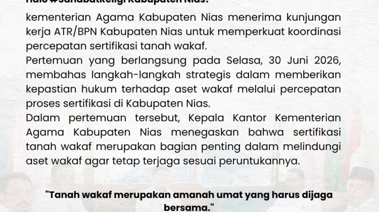 Kemenag bersama ATR/BPN Komit Optimalkan Sertifikasi Aset Wakaf di Nias