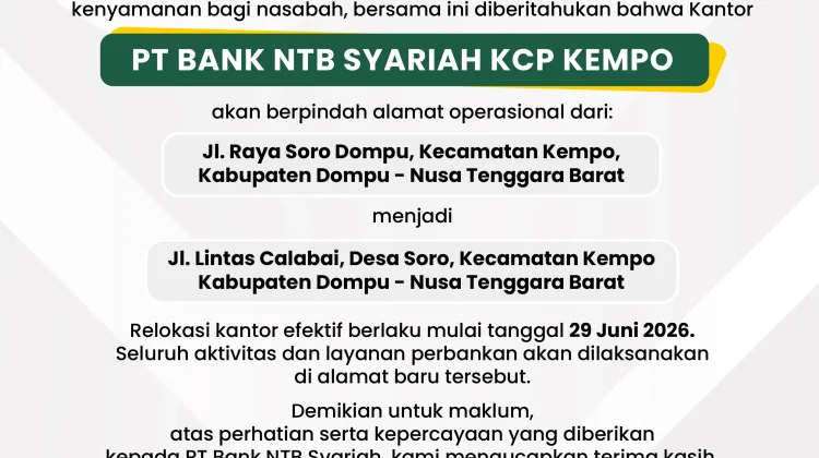 Bank NTB Syariah KCP Kempo Pindah Alamat Mulai 29 Juni 2026