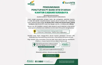 Pengumuman Penutupan Kantor Cabang Surabaya PT Bank NTB Syariah