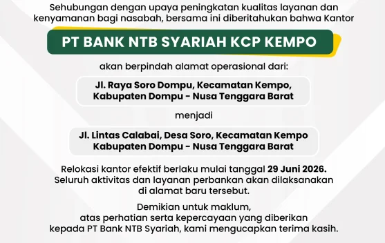 Bank NTB Syariah KCP Kempo Pindah Alamat Mulai 29 Juni 2026