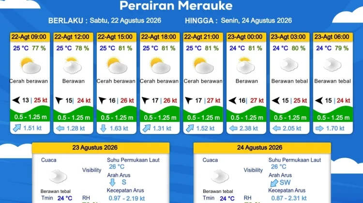 Prakiraan Cuaca Maritim Wilayah Provinsi Papua Selatan, 22 - 25 Agustus 2026