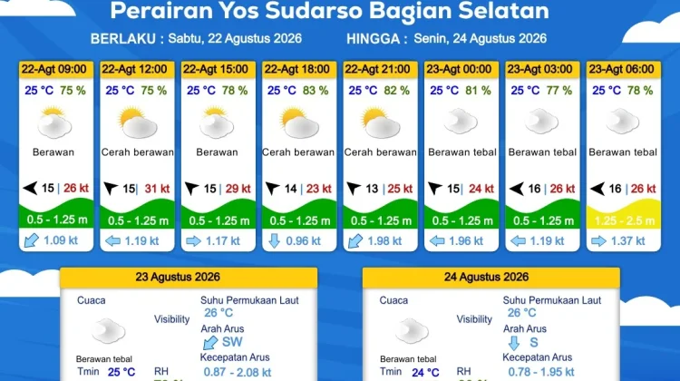 Prakiraan Cuaca Maritim Wilayah Provinsi Papua Selatan, 22 - 25 Agustus 2026
