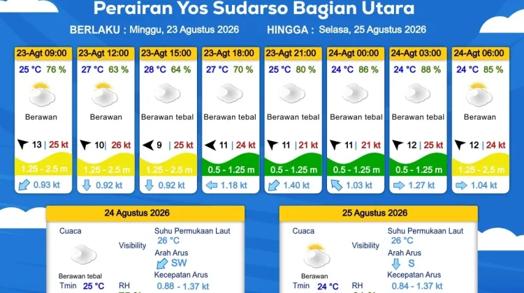 Prakiraan Cuaca Maritim Wilayah Provinsi Papua Selatan, 23 - 26 Agustus 2026