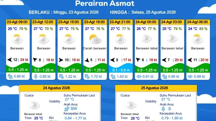Prakiraan Cuaca Maritim Wilayah Provinsi Papua Selatan, 23 - 26 Agustus 2026