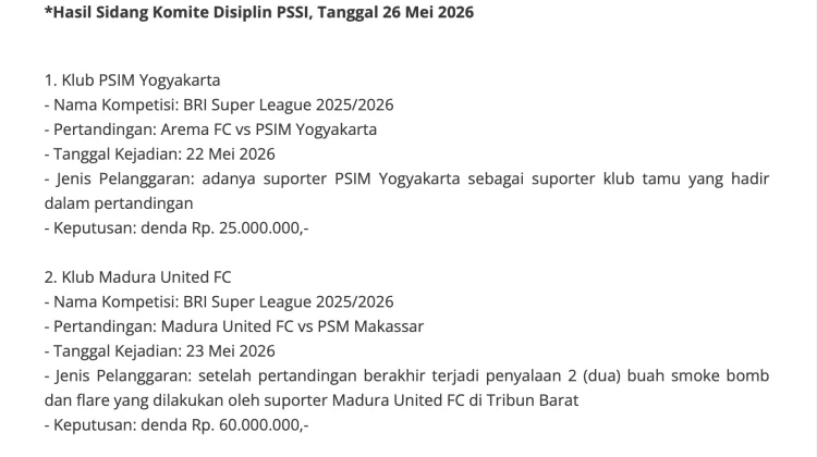 Madura United Dapat Sanksi Dari Komite Disiplin PSSI