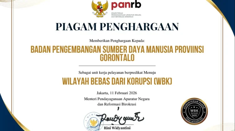 BPSDM Provinsi Gorontalo Raih Penghargaan WBK dari Menteri PANRB