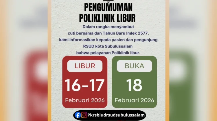 RSUD Subulussalam Tutup Layanan Poliklinik Selama Libur Imlek