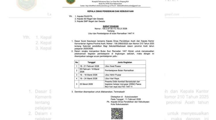 Disdikbud Subulussalam Tetapkan Kalender Akademik Ramadan 1447 H