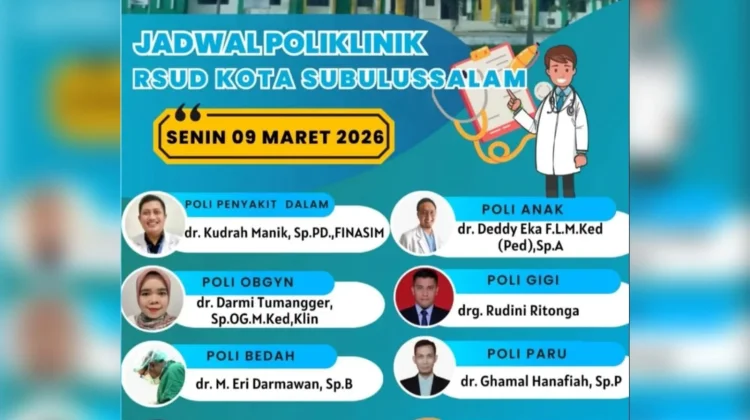 Jadwal Dokter Spesialis RSUD Kota Subulussalam, Senin 9 Maret 2026