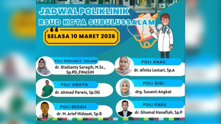 Jadwal Poliklinik RSUD Subulussalam Selasa 10 Maret 2026