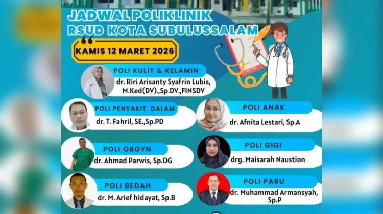 Jadwal Poliklinik RSUD Kota Subulussalam Kamis 12 Maret 2026
