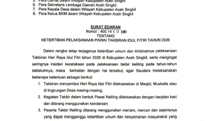 Bupati Aceh Singkil Larang Pawai Takbir dengan Kendaraan