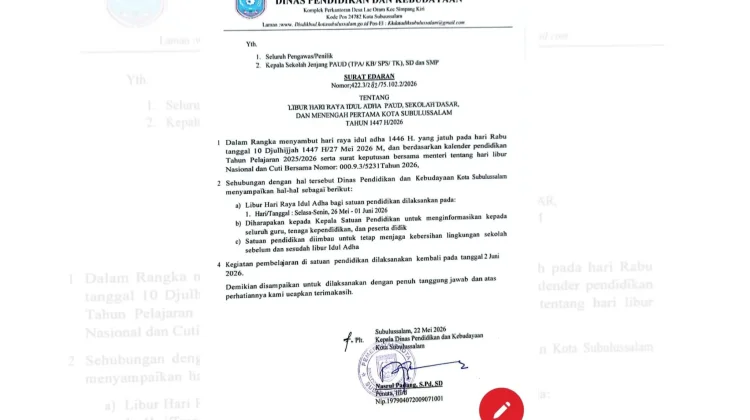 Jelang Iduladha, Disdikbud Subulussalam Tetapkan Libur Sekolah Selama Sepekan