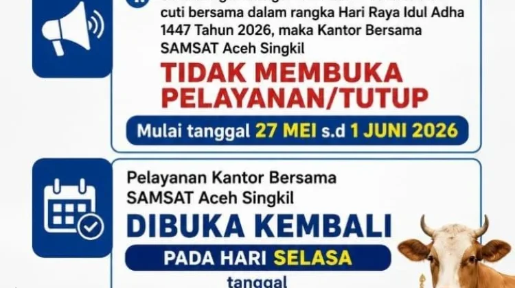 Libur Idul Adha, Kantor Bersama  Samsat Aceh Singkil Tutup Pelayanan