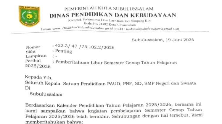Disdikbud Subulussalam Terbitkan Surat Edaran Libur Semester Genap