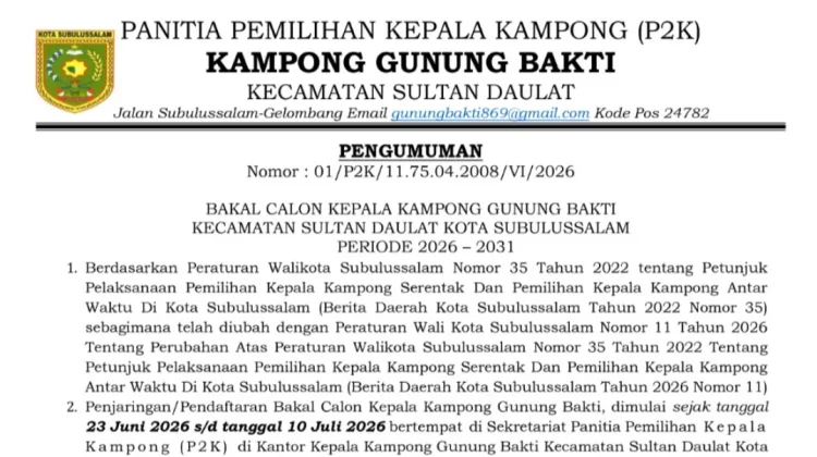 Resmi Dibuka, P2K di Subulussalam Mulai Jaring Bakal Calon Kepala Desa