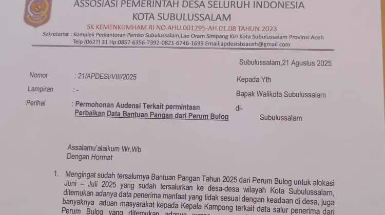 APDESI Desak Pemko Subulussalam Perbaiki Data Penerima Bantuan Beras