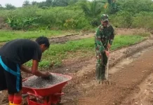 Babinsa Bersama Kelompok Tani di Singkil Siapkan Lahan Ketahan Pangan