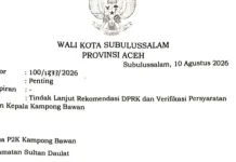 Pemko Subulussalam Minta P2K Verifikasi Ulang Calon Kepala Bawan