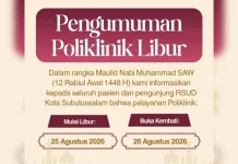 Peringati Maulid Nabi 25 Agustus 2026, Poliklinik RSUD Subulussalam Libur