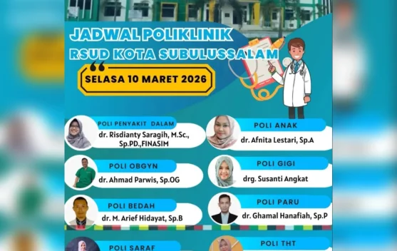 Jadwal Poliklinik RSUD Subulussalam Selasa 10 Maret 2026