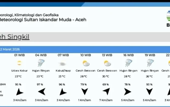 Prakiraan Cuaca Singkil Kamis 12 Maret 2026