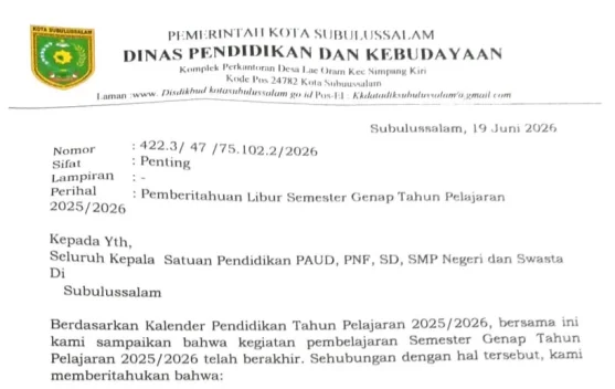 Disdikbud Subulussalam Terbitkan Surat Edaran Libur Semester Genap