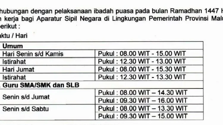 Ini Jam Kerja Pemprov Maluku Selama Ramadan 1447 H