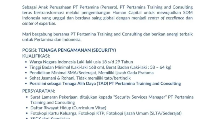 PTC Pertamina Buka Lowongan Tenaga Pengamanan 2026