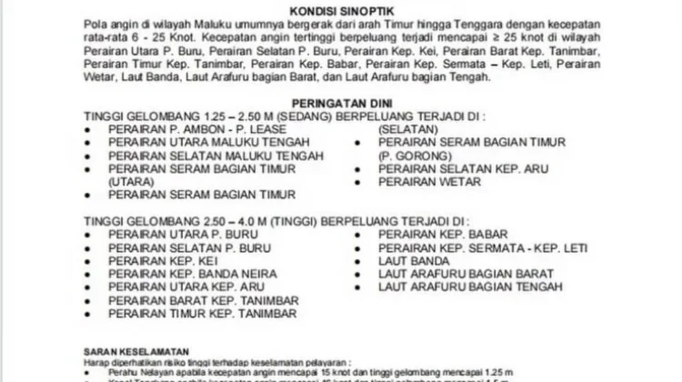 BMKG Keluarkan Peringatan Dini Gelombang Tinggi di Perairan Maluku
