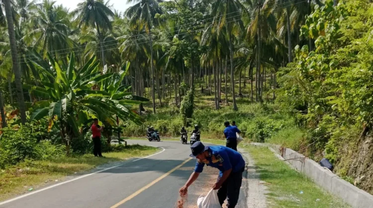 Antisipasi Kecelakaan Damkarmat Touna Taburi Serbuk Kayu Jalan Licin