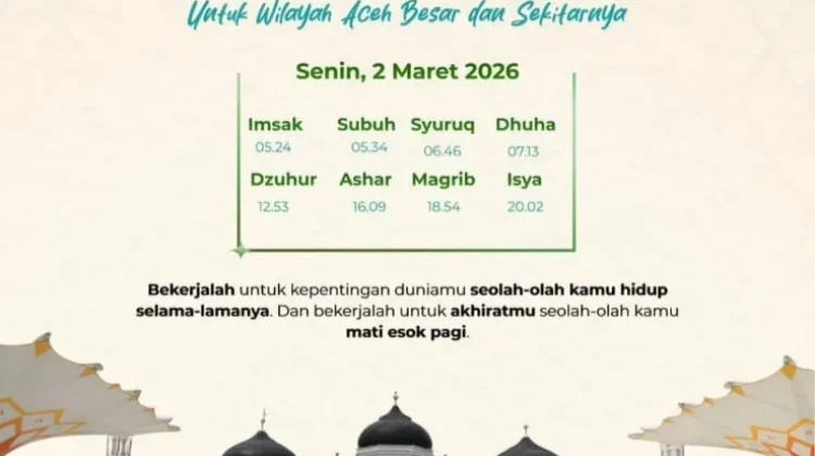 Jadwal Imsak dan Buka Puasa Wilayah Banda Aceh Senin 2 Maret 2026
