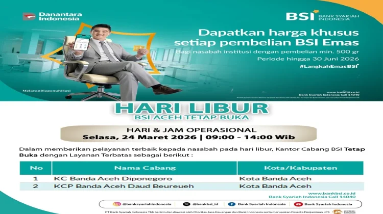 Sebanyak 22 outlet BSI di Aceh tetap beroperasi Selama Libur Idul Fitri 1447 H