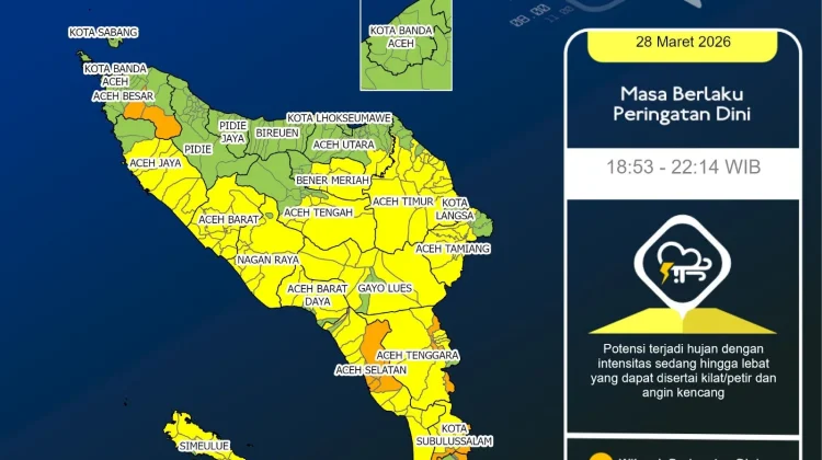Hujan Lebat Disertai Petir dan Angin Kencang Masih Berpotensi di Aceh hingga Malam