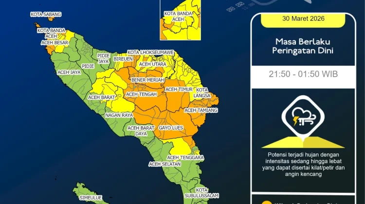 BMKG: Hujan Lebat Disertai Petir Berpotensi Landa Aceh hingga Dini Hari