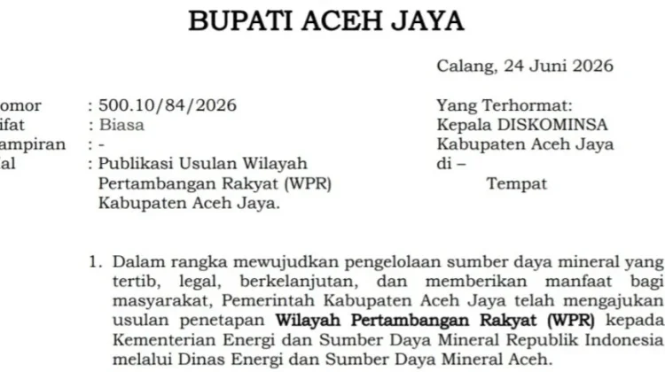 Pemkab Aceh Jaya Ajukan Penetapan Wilayah Pertambangan Rakyat
