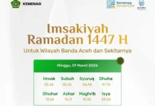 Jadwal Imsakiyah dan Buka Puasa Wilayah Banda Aceh 1 Maret 2026