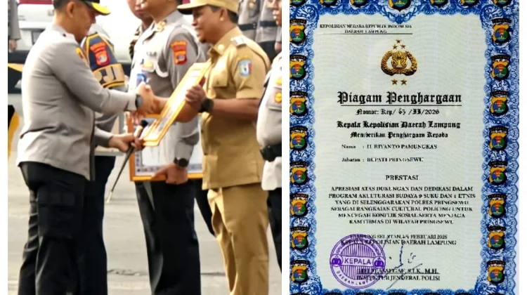 Bupati Pringsewu Raih Penghargaan dari Kapolda Lampung