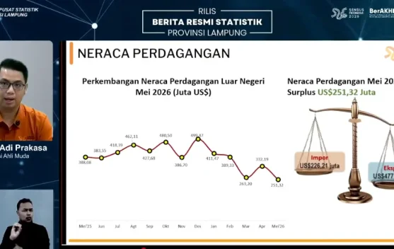 Neraca Perdagangan Lampung Mei 2026 Surplus US$251 Juta