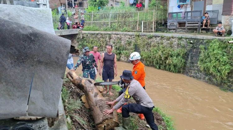 Petugas Gabungan Evakuasi Kayu Gelondongan Sumbat Arus Sungai