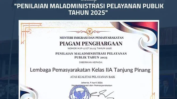 Lapas Kelas IIA Tanjungpinang Raih Penghargaan Pelayanan Publik Terbaik