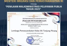 Lapas Kelas IIA Tanjungpinang Raih Penghargaan Pelayanan Publik Terbaik