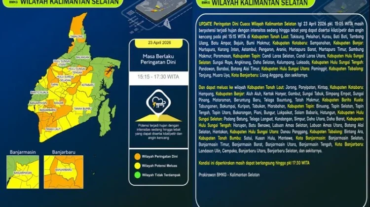 Hujan Lebat Disertai Petir Berpotensi Guyur Kalsel Sore Ini