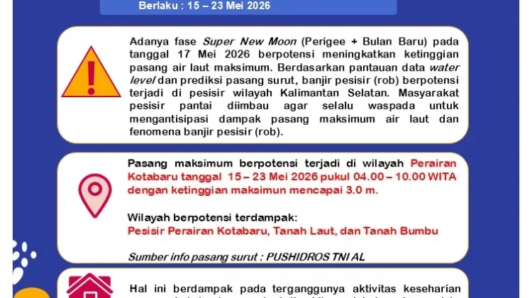 BMKG Keluarkan Peringatan Dini Banjir Rob Kotabaru Mulai Hari Ini