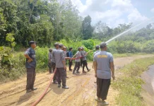 Hadapi Kemarau, Satlinmas Sungai Pumpung Dilatih Padamkan Api
