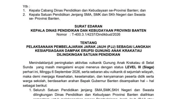 Antisipasi Sebaran Abu, Pemprov Banten Terapkan Belajar Daring Tiga Hari