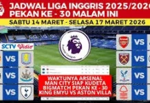 Jadwal Pertandingan liga Inggris Pekan Ke-30 Tahun 2026