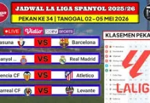 Jadwal Pertandingan Jadwal Liga Spanyol Pekan Ke-34 Tahun 2025/2026